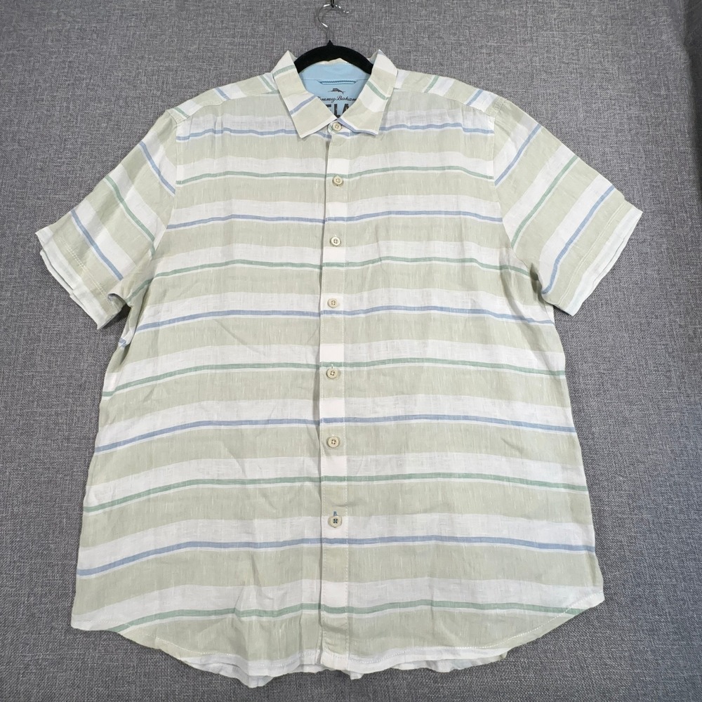 Tommy Bahama Relax Linen Shirt Mens XL Green Blue Stripe Short Sleeve Resortwear